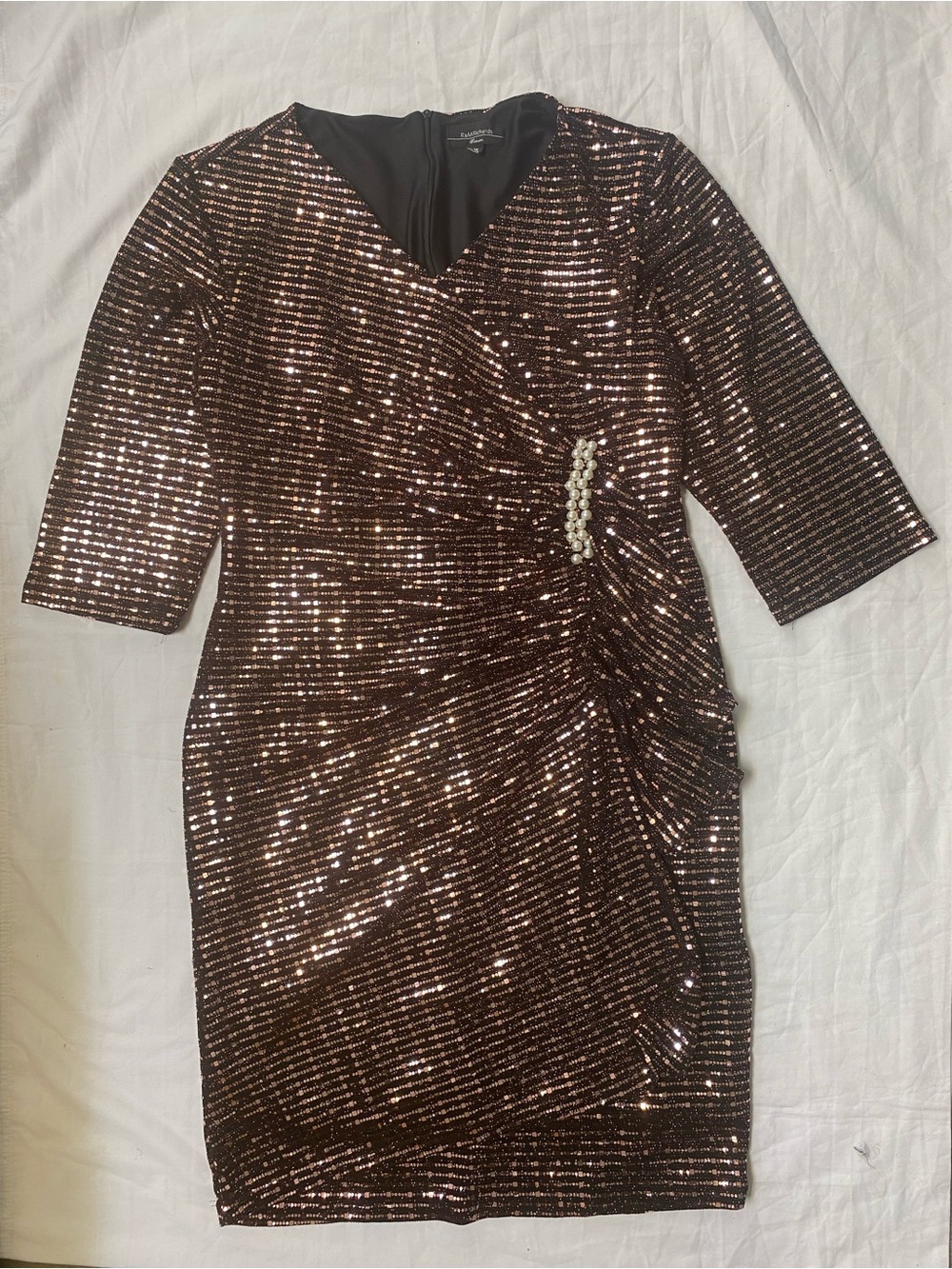 R&M Richards Brown Sequin Ruched Cocktail Dress with Brooch